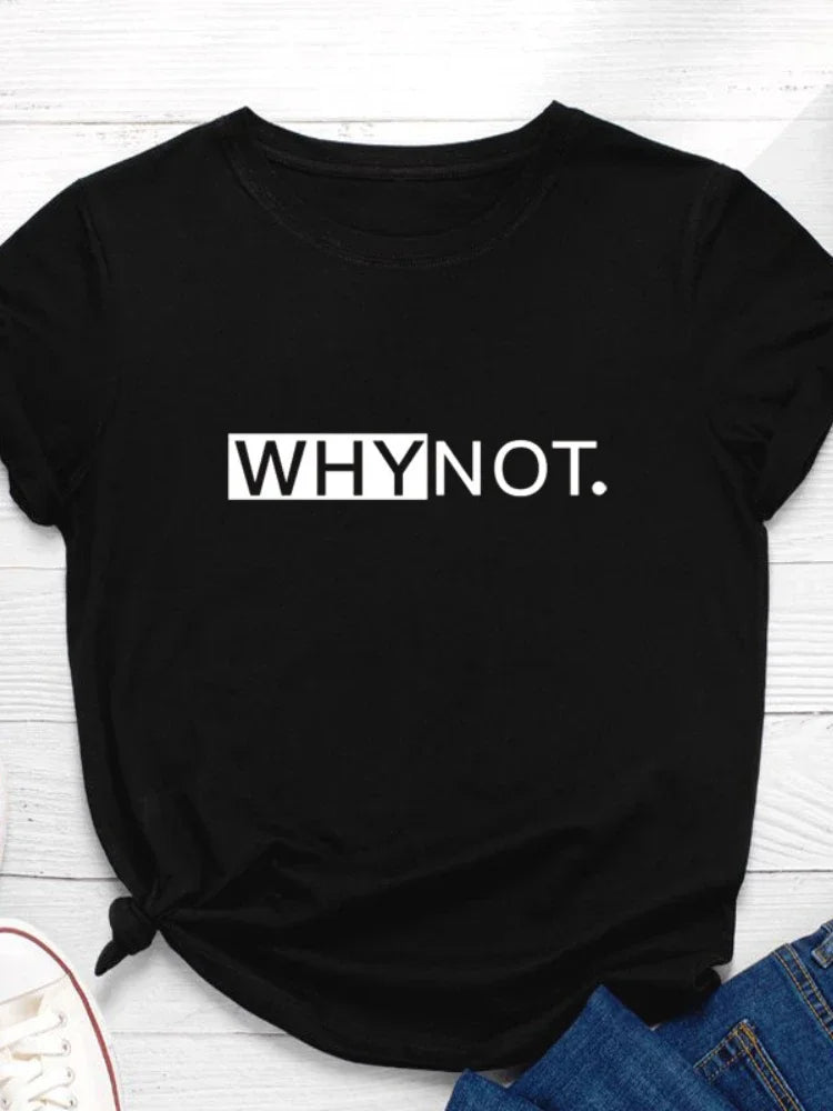 Camiseta estampada «Why Not», manga corta, cuello redondo, corte ancho y cómodo, ideal para un look casual y desenfadado