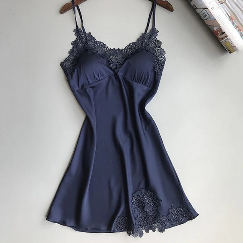 Camisa de dormir de verão feminina sexy em seda com alças