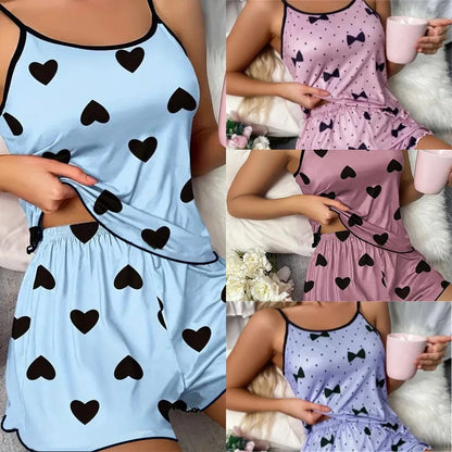 Conjunto de Pijama para Mujer – Camiseta y Shorts con Estampado de Corazones Rosas