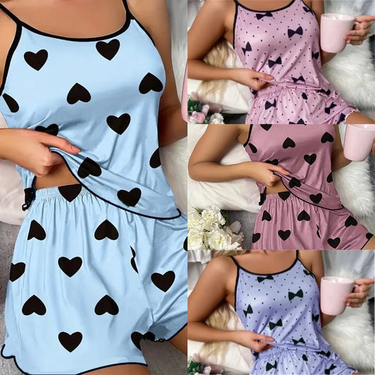 Conjunto de Pijama para Mujer – Camiseta y Shorts con Estampado de Corazones Rosas