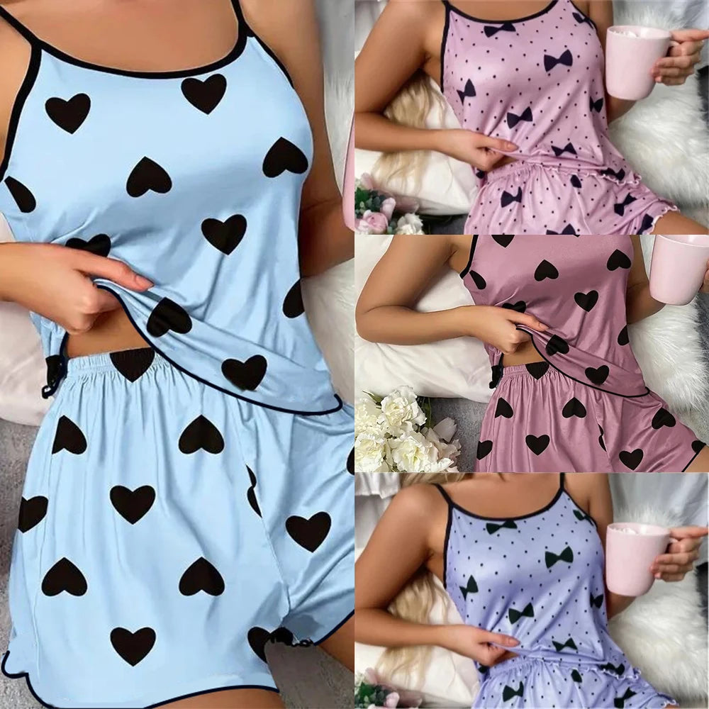 Conjunto de Pijama para Mujer – Camiseta y Shorts con Estampado de Corazones Rosas