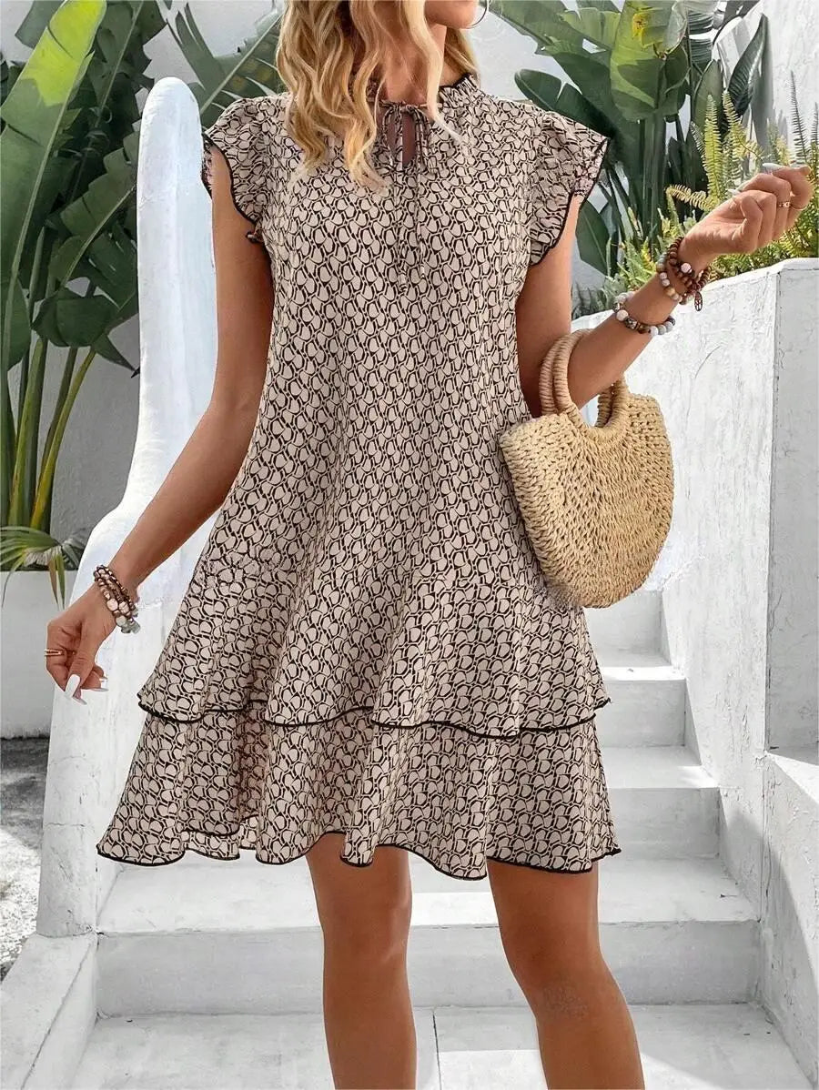 Vestido mini suelto y casual para mujer, elegante, con volantes, estampado bohemio, escote en V con lazada y mangas pequeñas tipo volante