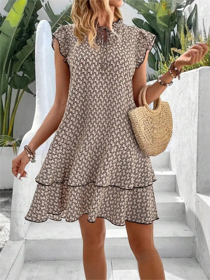 Vestido mini suelto y casual para mujer, elegante, con volantes, estampado bohemio, escote en V con lazada y mangas pequeñas tipo volante