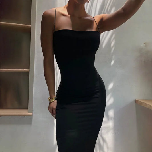 Elegante vestido sexy negro de verano para mujer sin mangas y sin espalda, casual, vestido de fiesta