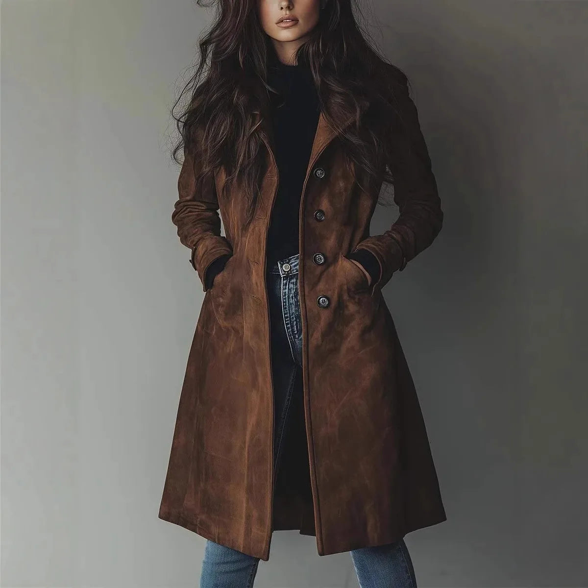 Women's long western-style trench coat, ideal for autumn and winter, with a turn-down collar