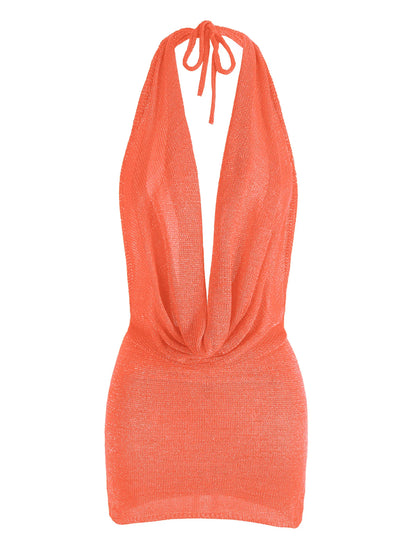 Vestido mini de praia para mulher, modelo 2026, sexy, com decote profundo em V, tecido tipo seda brilhante, malha (knit), costas descobertas