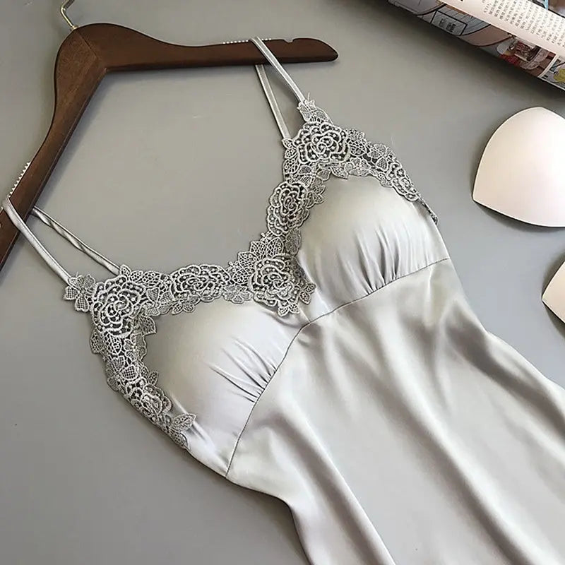 Camisa de dormir de verão feminina sexy em seda com alças