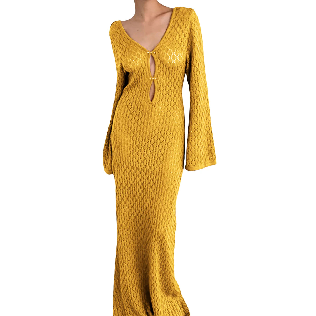 🌟 Vestido Elegante de Punto para Mujer – Manga Acampanada de Crochet, Escote en V Bajo, Espalda Descubierta, Estilo Playa y Fiesta