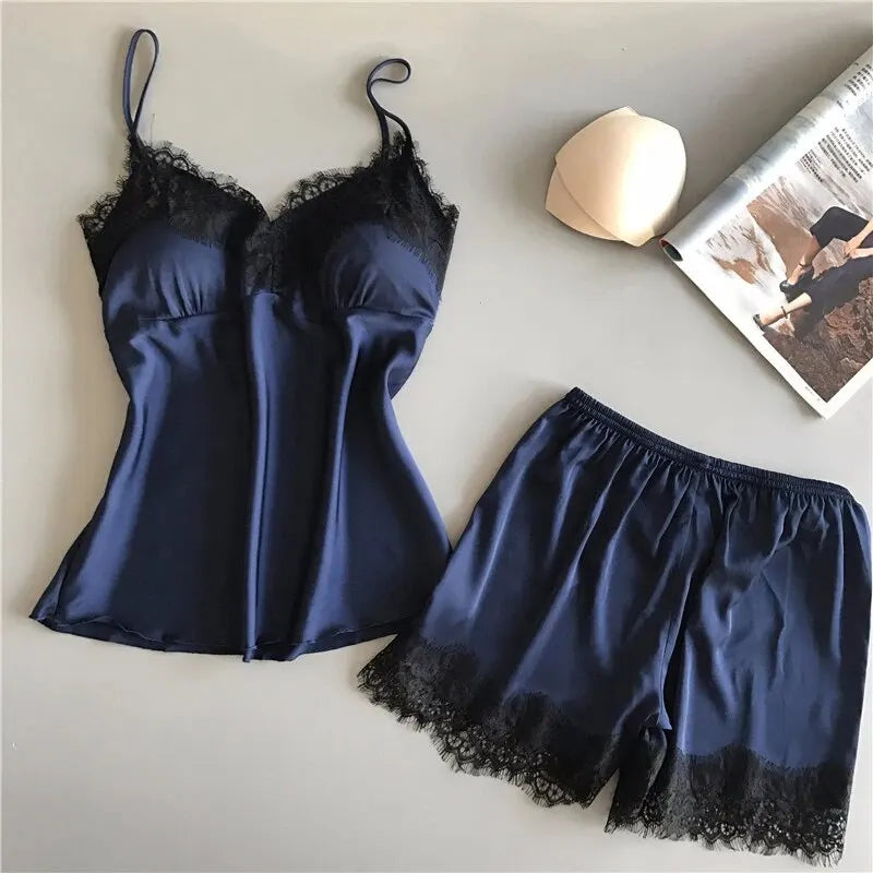 Conjunto de Pijama para Mujer – Babydoll de Satén con Encaje y Lazo