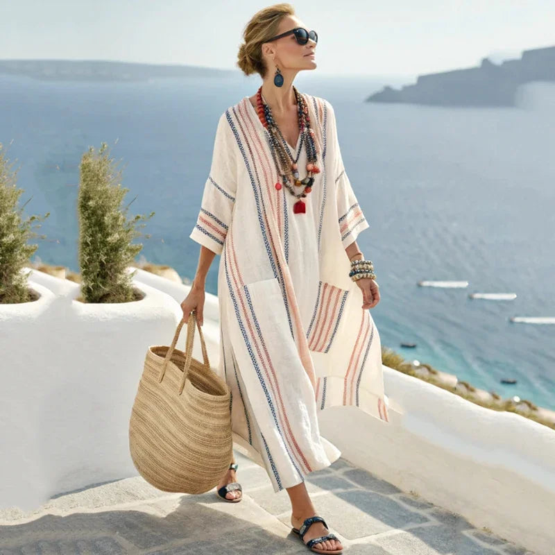 Vestido de praia Maxi Boémio Feminino com Bolsos e Decote em V