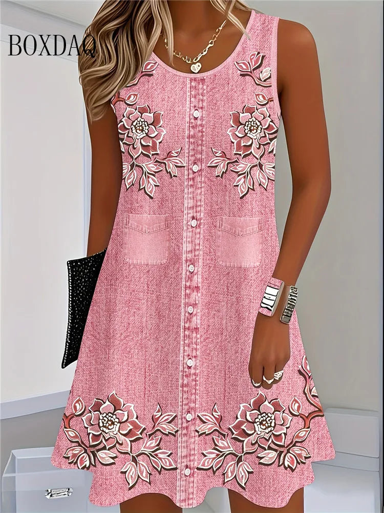 Vestido de verão 2026 sem mangas, casual, com estampado floral