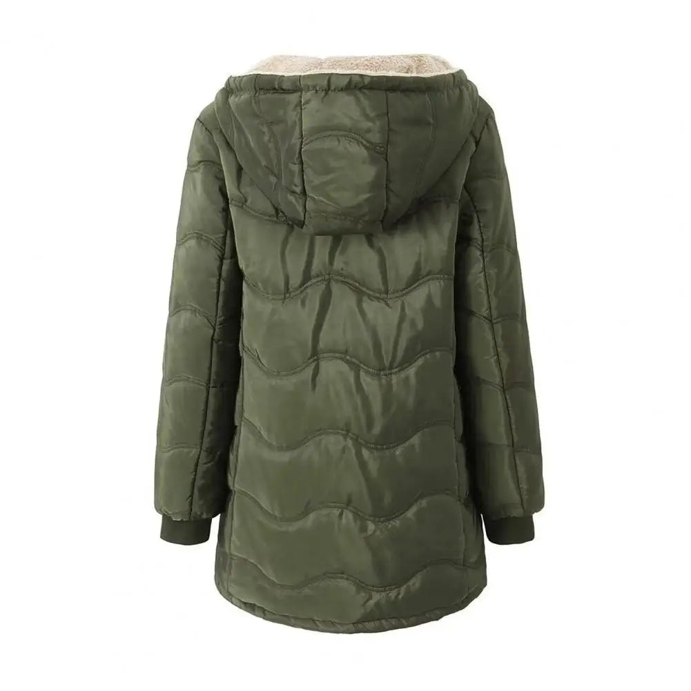 Casaco comprido acolchoado para mulher, casaco grosso de inverno com forro polar, parka acolchoada corta-vento e quente, com fecho e capuz