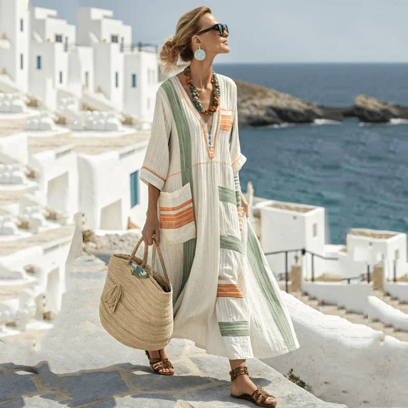 Vestido de praia Maxi Boémio Feminino com Bolsos e Decote em V