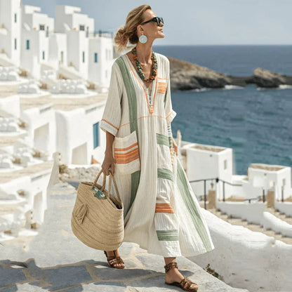Vestido de praia Maxi Boémio Feminino com Bolsos e Decote em V
