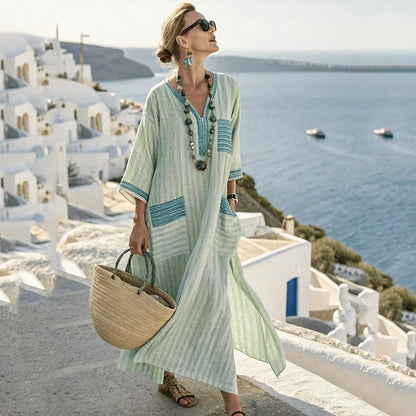 Vestido de praia Maxi Boémio Feminino com Bolsos e Decote em V