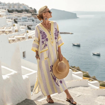 Vestido de praia Maxi Boémio Feminino com Bolsos e Decote em V