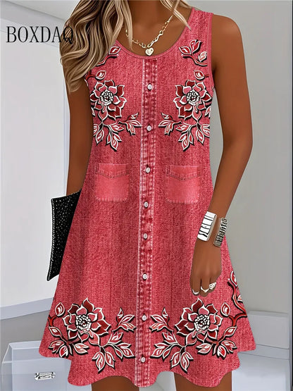 Vestido de verão 2026 sem mangas, casual, com estampado floral