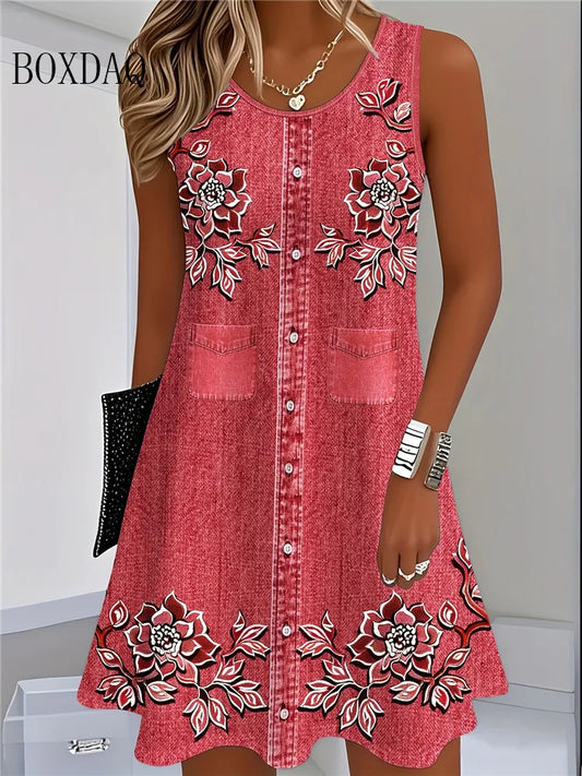 Vestido de verão 2026 sem mangas, casual, com estampado floral