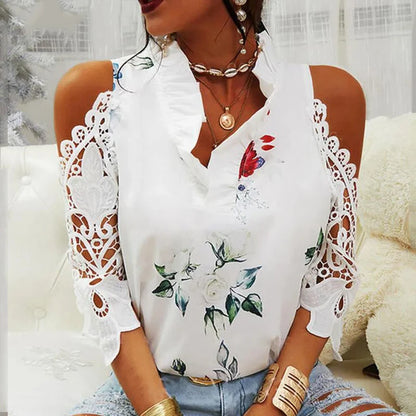 Top feminino de verão, casual e sensual, com detalhe vazado e estampado floral, blusa elegante para mulher com decote em V, mangas curtas em renda, camisa/blusa feminina, modelo 19361.