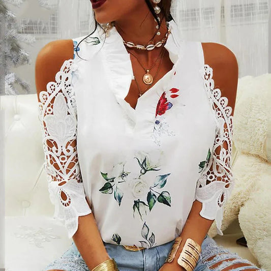 Top feminino de verão, casual e sensual, com detalhe vazado e estampado floral, blusa elegante para mulher com decote em V, mangas curtas em renda, camisa/blusa feminina, modelo 19361.