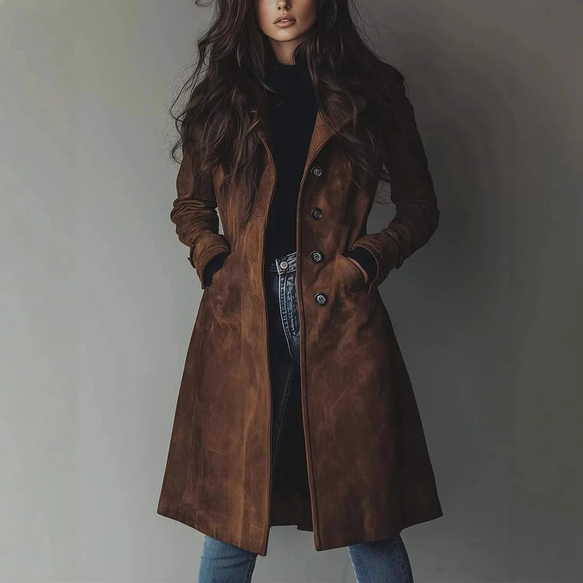 Women's long western-style trench coat, ideal for autumn and winter, with a turn-down collar