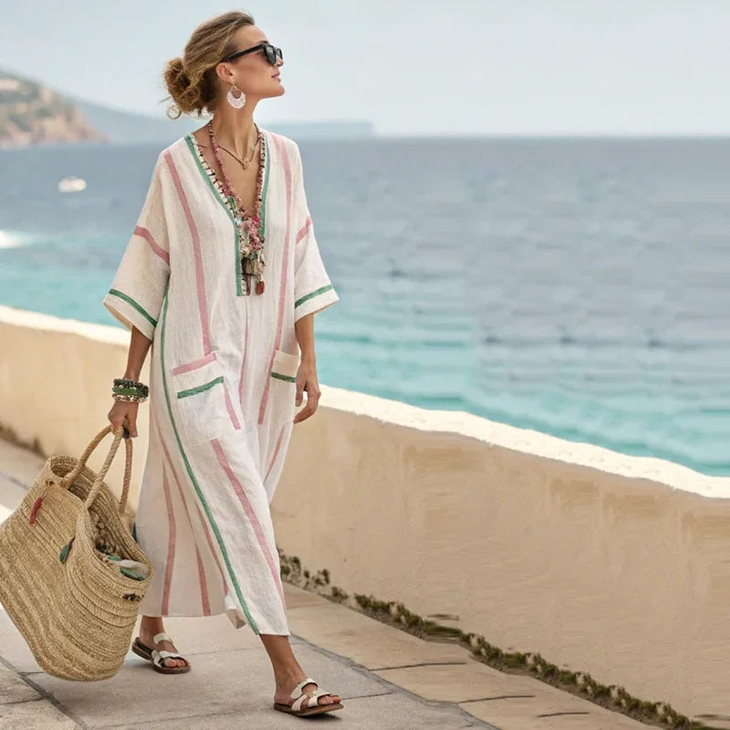 Vestido de praia Maxi Boémio Feminino com Bolsos e Decote em V