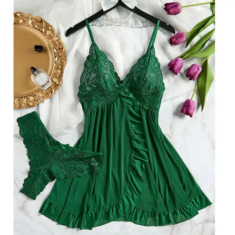 Vestido de Noite Sexy de Renda Transparente - Lingerie de Verão para Mulher, Pijama em V Macio e Ajustado - Roupa de Dormir & Vestidos