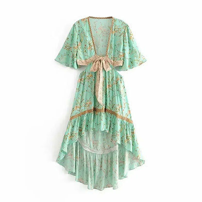 Vestido Boho Queens, com recortes (hollow out), sexy, ideal para praia, com mangas curtas, corte assimétrico