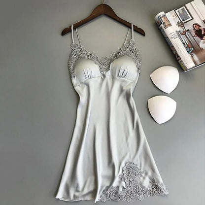 Camisa de dormir de verão feminina sexy em seda com alças