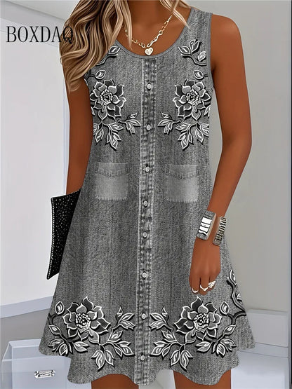 Vestido de verão 2026 sem mangas, casual, com estampado floral