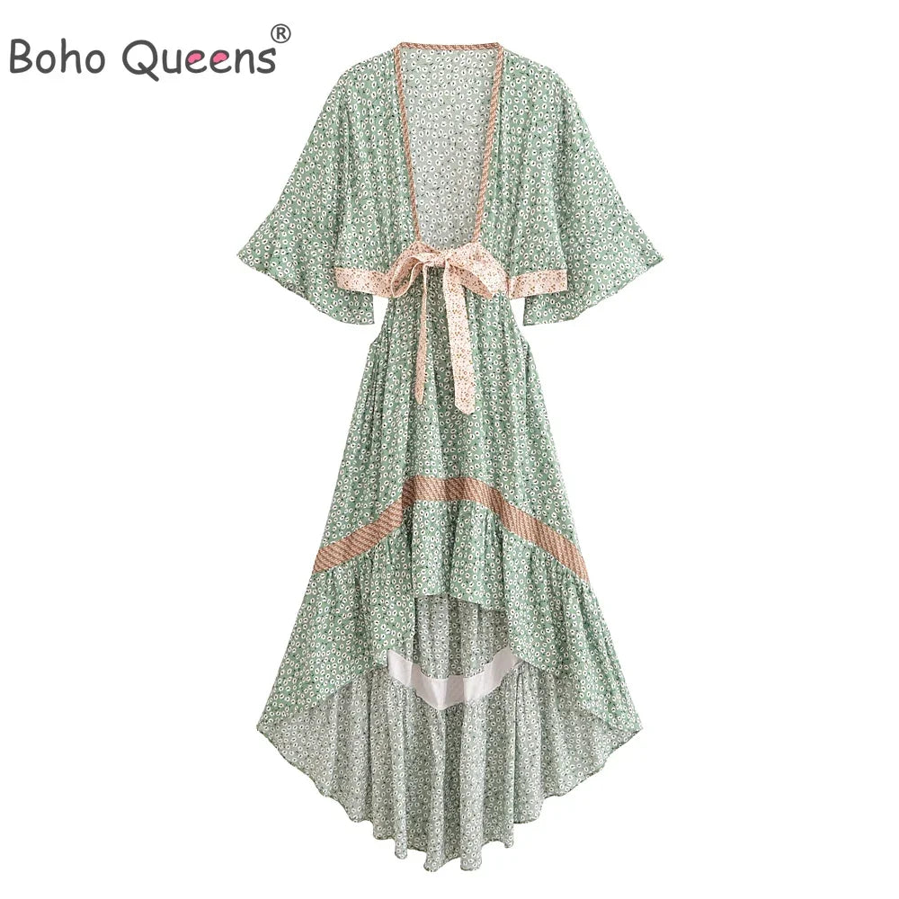 Vestido Boho Queens, com recortes (hollow out), sexy, ideal para praia, com mangas curtas, corte assimétrico