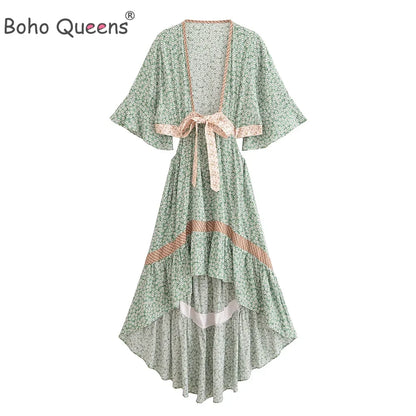 Vestido Boho Queens, com recortes (hollow out), sexy, ideal para praia, com mangas curtas, corte assimétrico