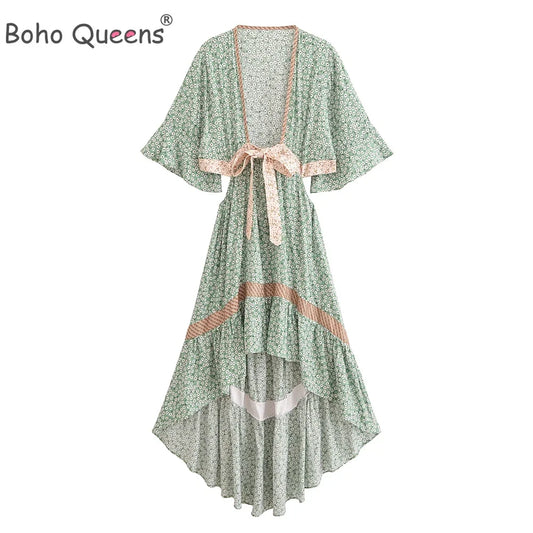 Vestido Boho Queens, com recortes (hollow out), sexy, ideal para praia, com mangas curtas, corte assimétrico