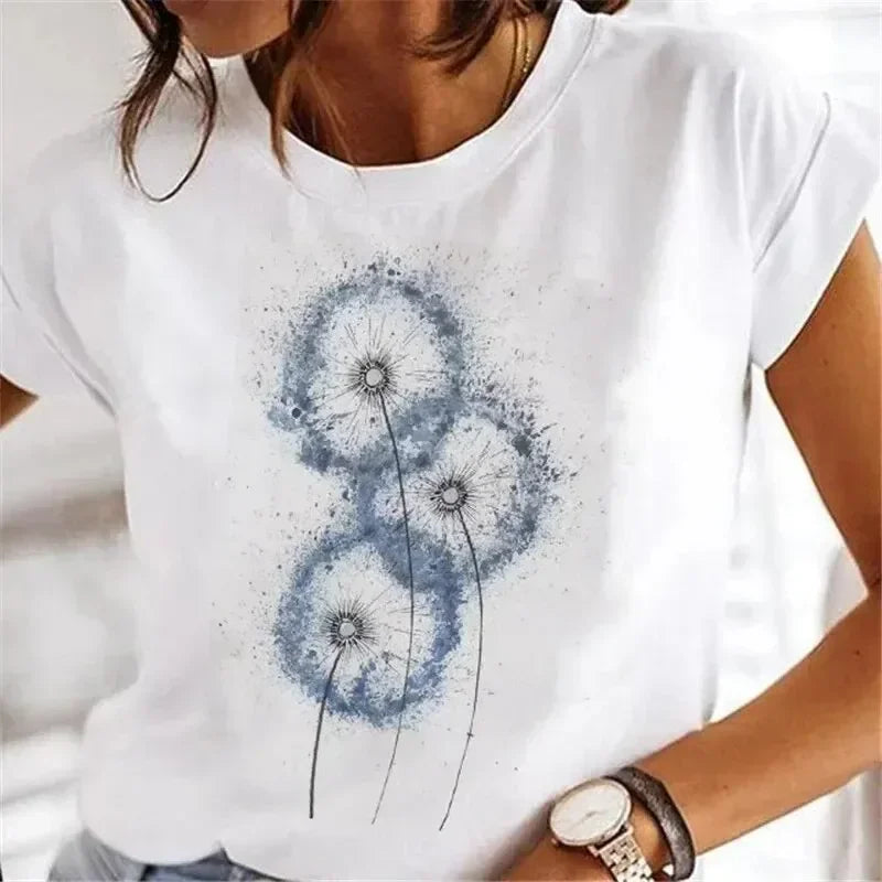 T-Shirt Dente-de-Leão com Estampa Aquarela Fashion