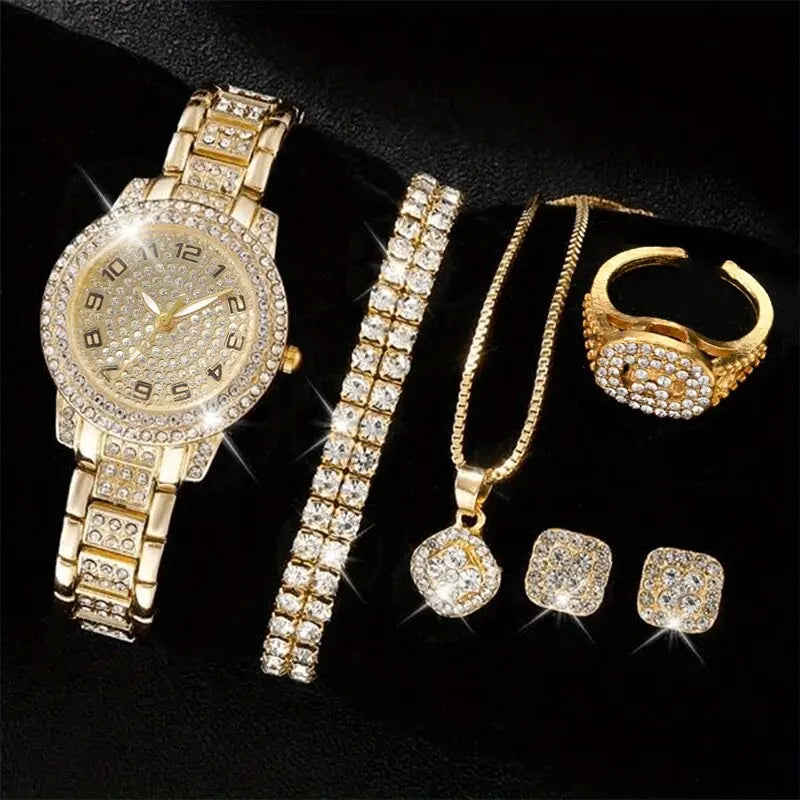 Reloj Elegante para Mujer – Set de 6 Piezas con Pulseras de Aleación y Cristales