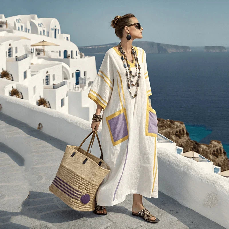 Vestido de praia Maxi Boémio Feminino com Bolsos e Decote em V