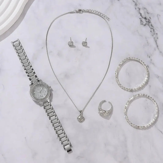 Reloj Elegante para Mujer – Set de 6 Piezas con Pulseras de Aleación y Cristales