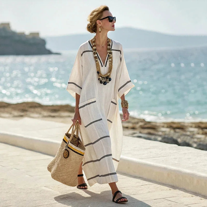 Vestido de praia Maxi Boémio Feminino com Bolsos e Decote em V