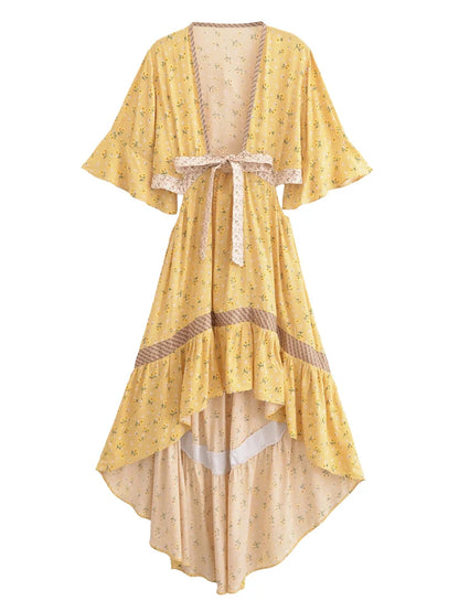 Vestido Boho Queens, com recortes (hollow out), sexy, ideal para praia, com mangas curtas, corte assimétrico