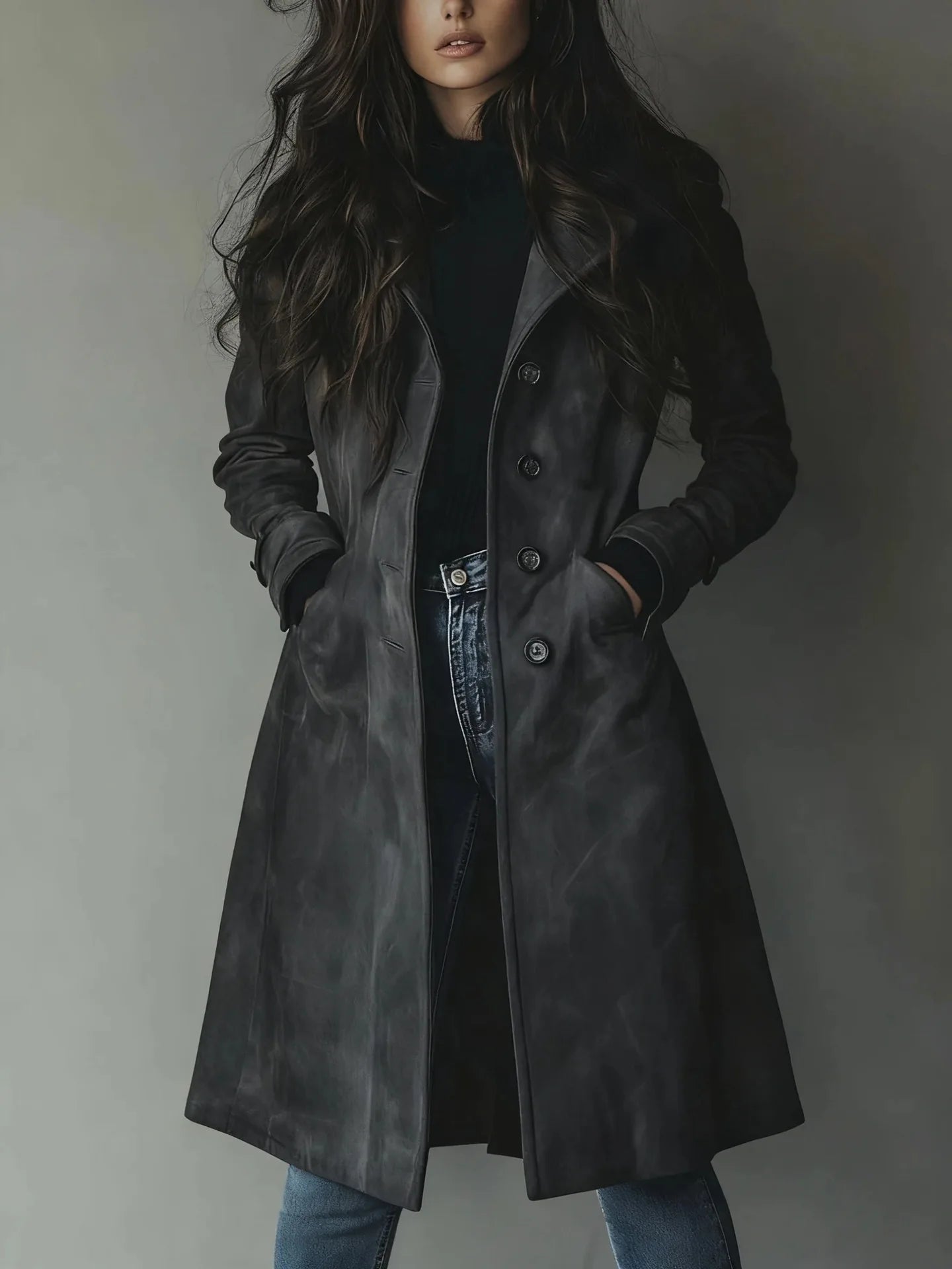 Women's long western-style trench coat, ideal for autumn and winter, with a turn-down collar