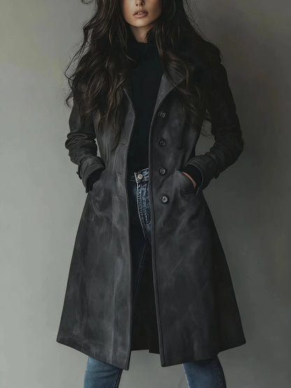 Women's long western-style trench coat, ideal for autumn and winter, with a turn-down collar