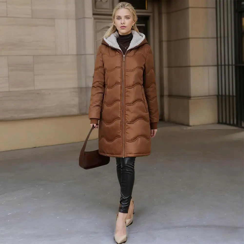 Casaco comprido acolchoado para mulher, casaco grosso de inverno com forro polar, parka acolchoada corta-vento e quente, com fecho e capuz