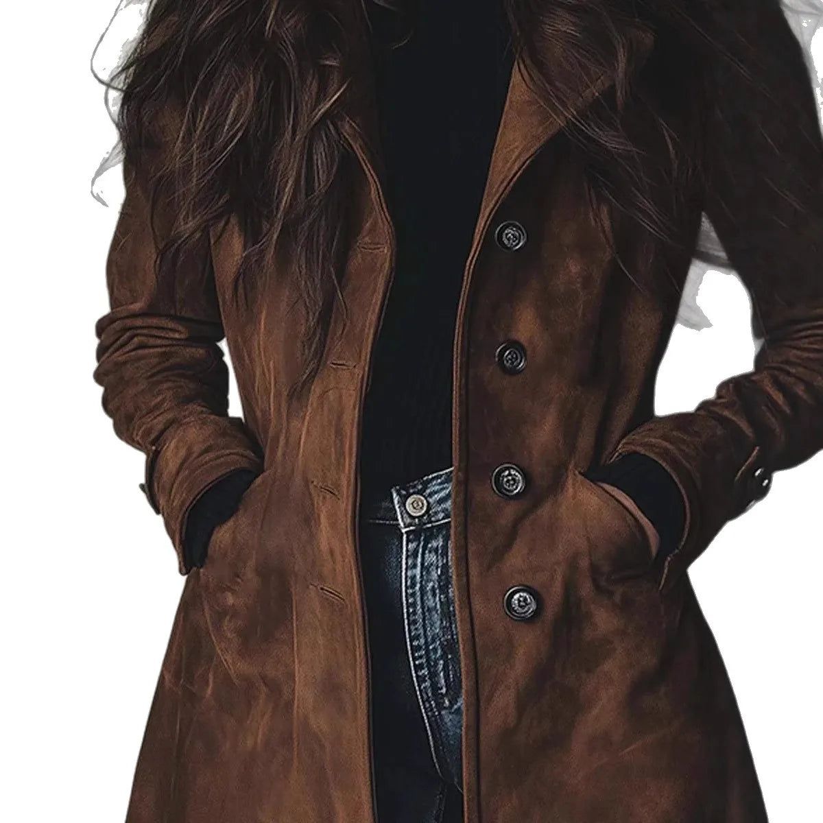 Women's long western-style trench coat, ideal for autumn and winter, with a turn-down collar