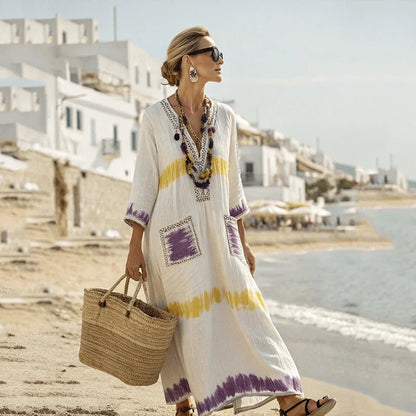 Vestido de praia Maxi Boémio Feminino com Bolsos e Decote em V