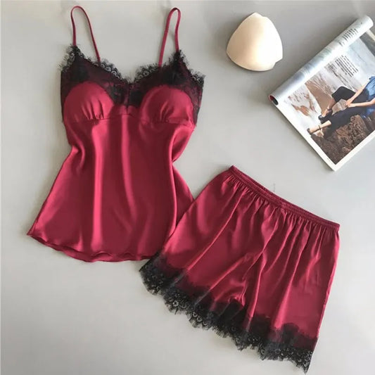 Conjunto de Pijama para Mujer – Babydoll de Satén con Encaje y Lazo