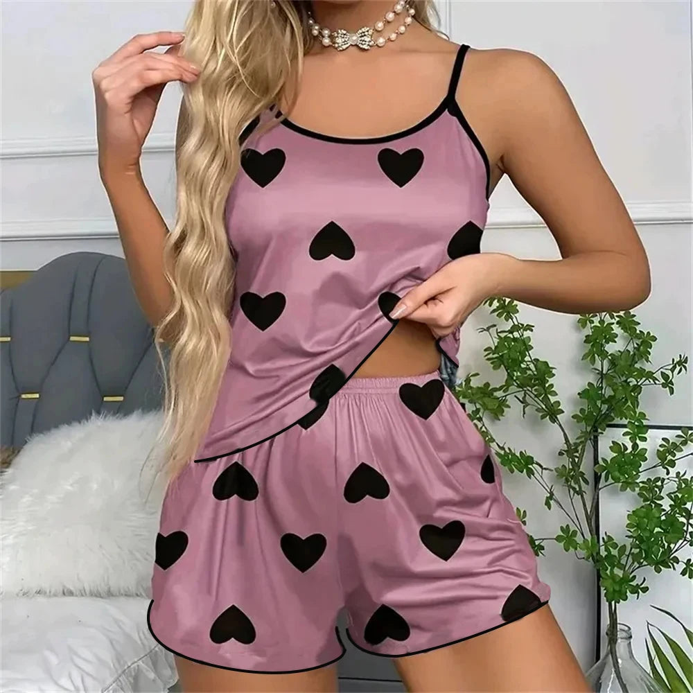 Conjunto de Pijama para Mujer – Camiseta y Shorts con Estampado de Corazones Rosas