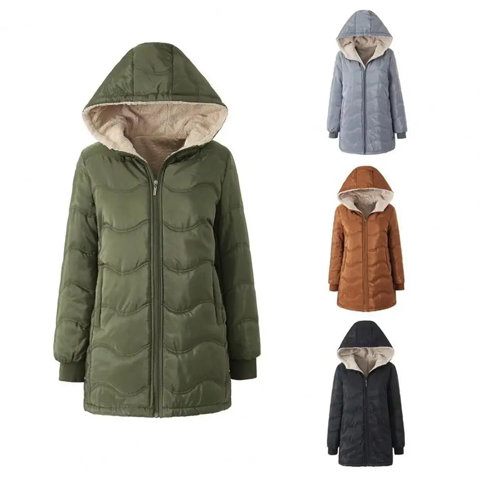 Casaco comprido acolchoado para mulher, casaco grosso de inverno com forro polar, parka acolchoada corta-vento e quente, com fecho e capuz