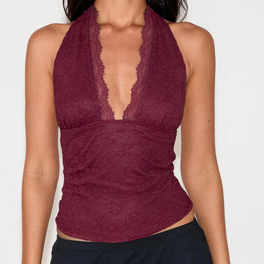 🌸 Top Crop de Encaje Coquette para Mujer – Escote Bajo en V, Halterneck con Lazo, Espalda Descubierta y Ajuste Slim