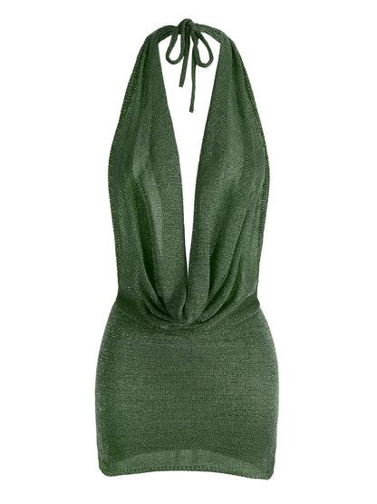 Vestido mini de praia para mulher, modelo 2026, sexy, com decote profundo em V, tecido tipo seda brilhante, malha (knit), costas descobertas