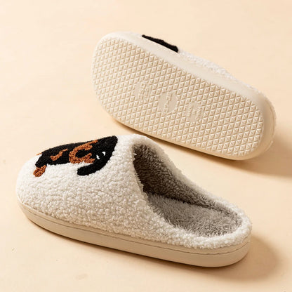 Chinelos de Inverno para Senhora – Design de Cãozinho Preto em Estilo Cartoon, Quentes, Macios e Confortáveis para Casa
